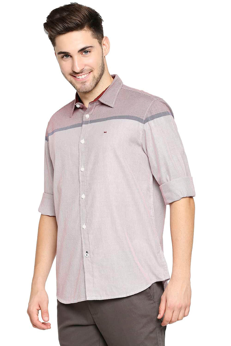 BASICS SLIM FIT SCARLET RED ENGINEERED STRIPE SHIRT