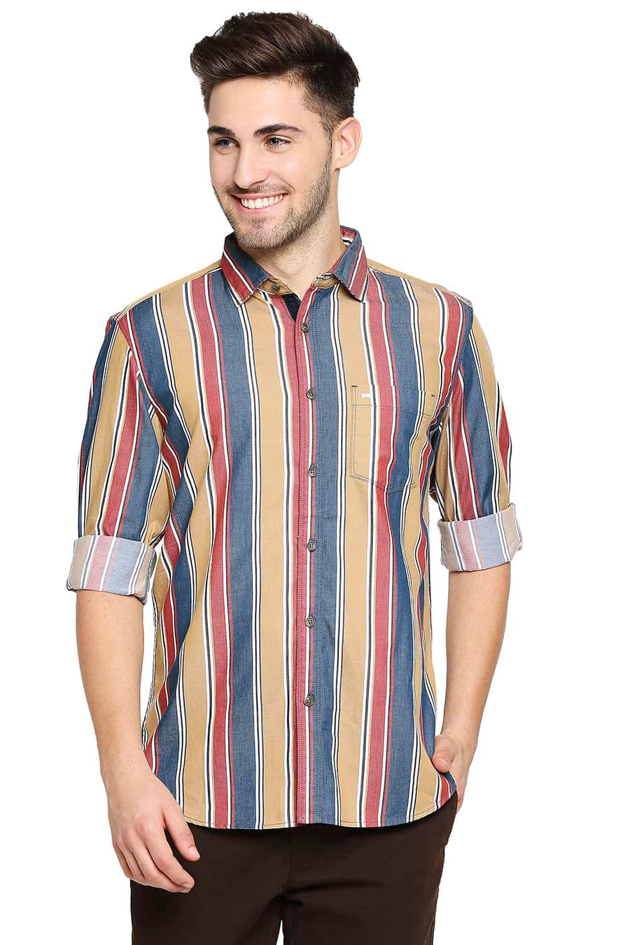 BASICS SLIM FIT ICED KHAKI STRIPE SHIRT