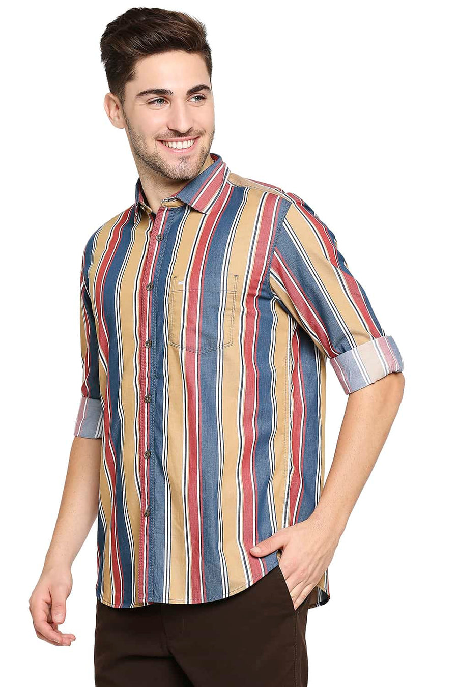 BASICS SLIM FIT ICED KHAKI STRIPE SHIRT