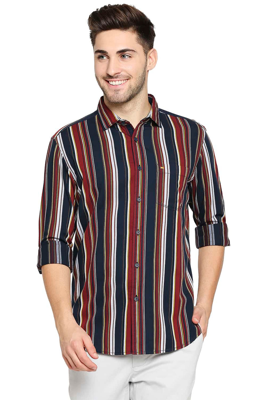 BASICS SLIM FIT SPICED MAROON STRIPE SHIRT