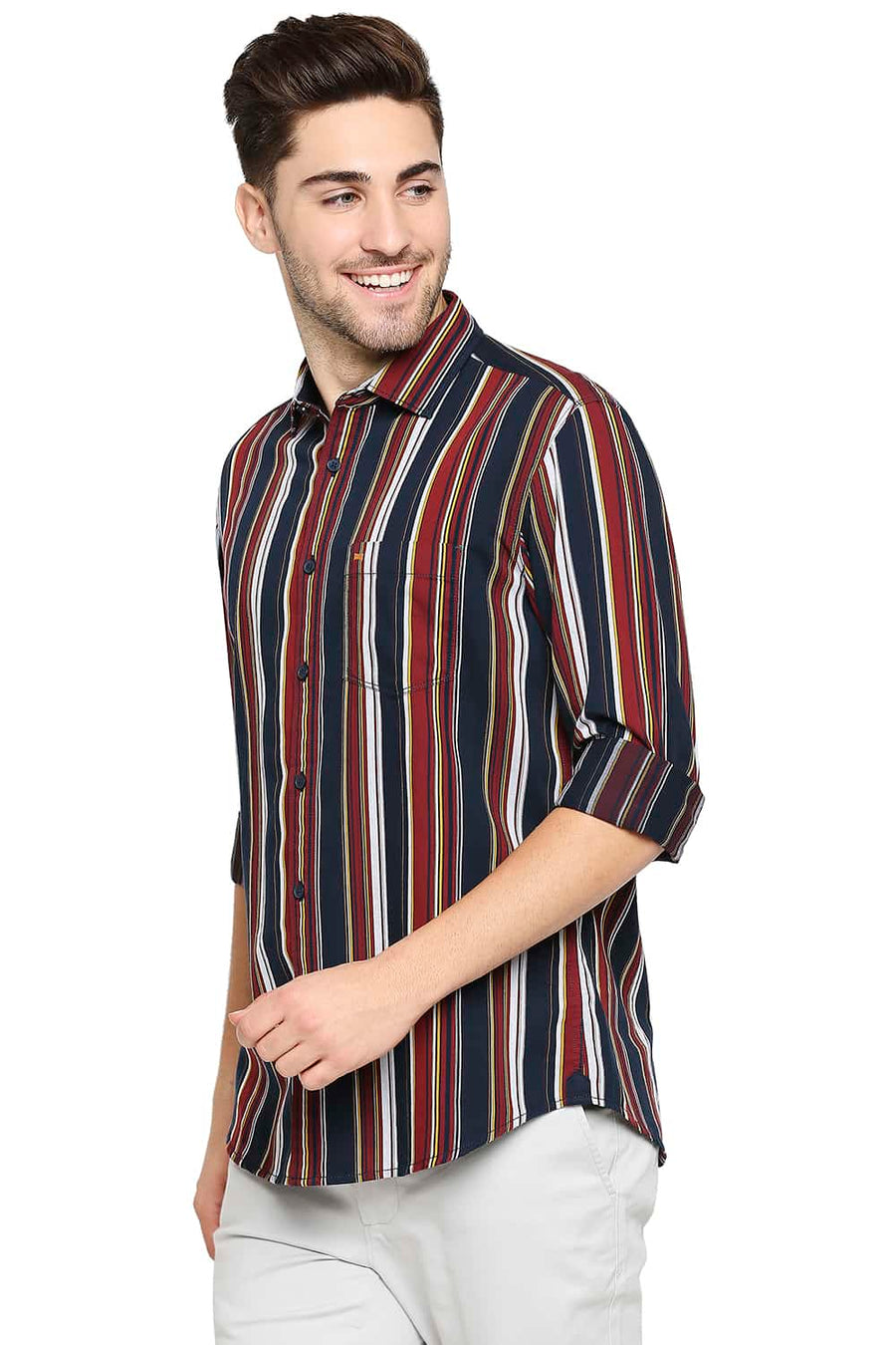 BASICS SLIM FIT SPICED MAROON STRIPE SHIRT