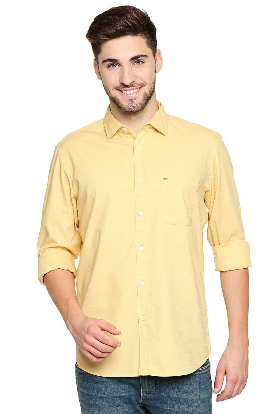 BASICS SLIM FIT SAHARA YELLOW DOBBY SHIRT