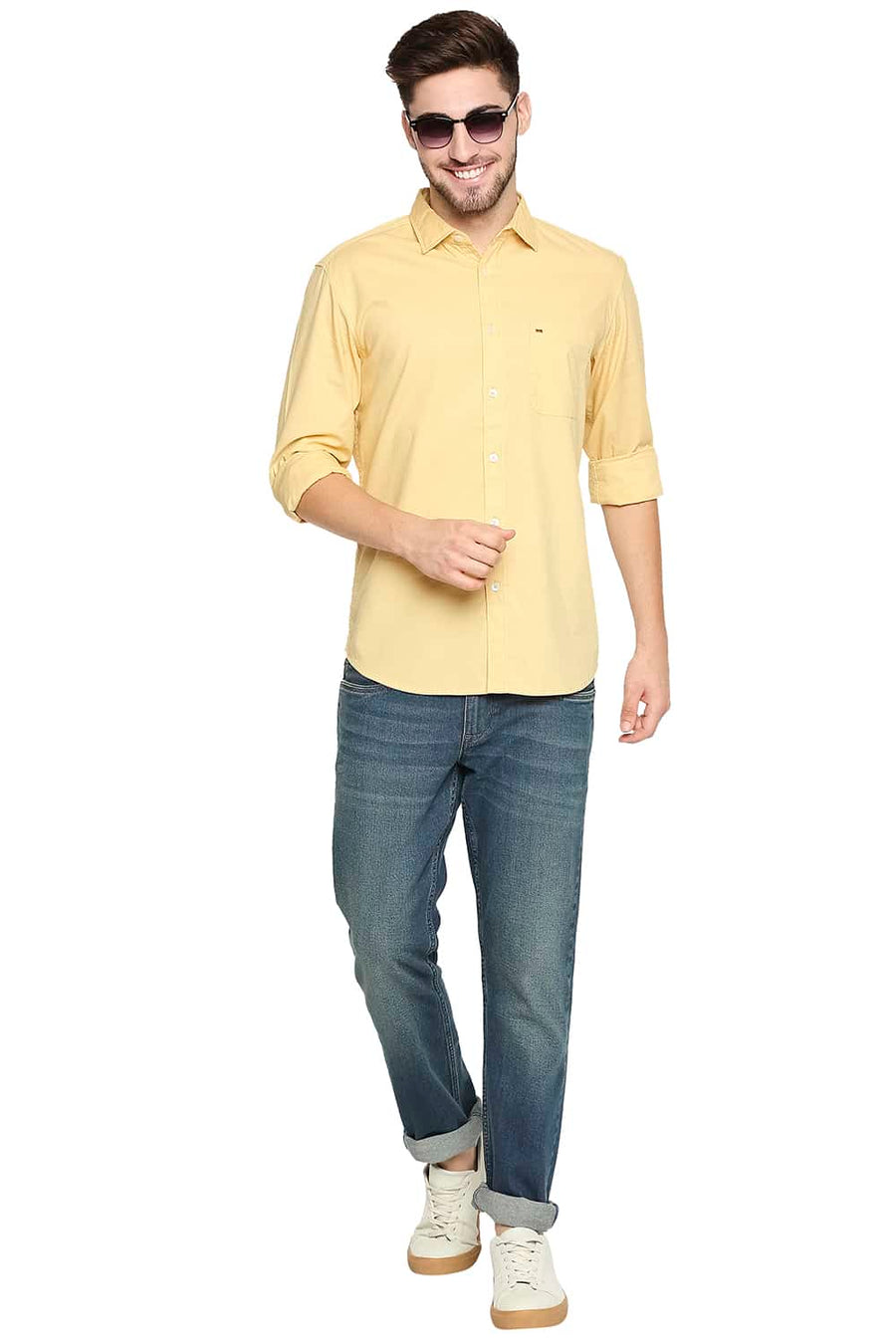 BASICS SLIM FIT SAHARA YELLOW DOBBY SHIRT