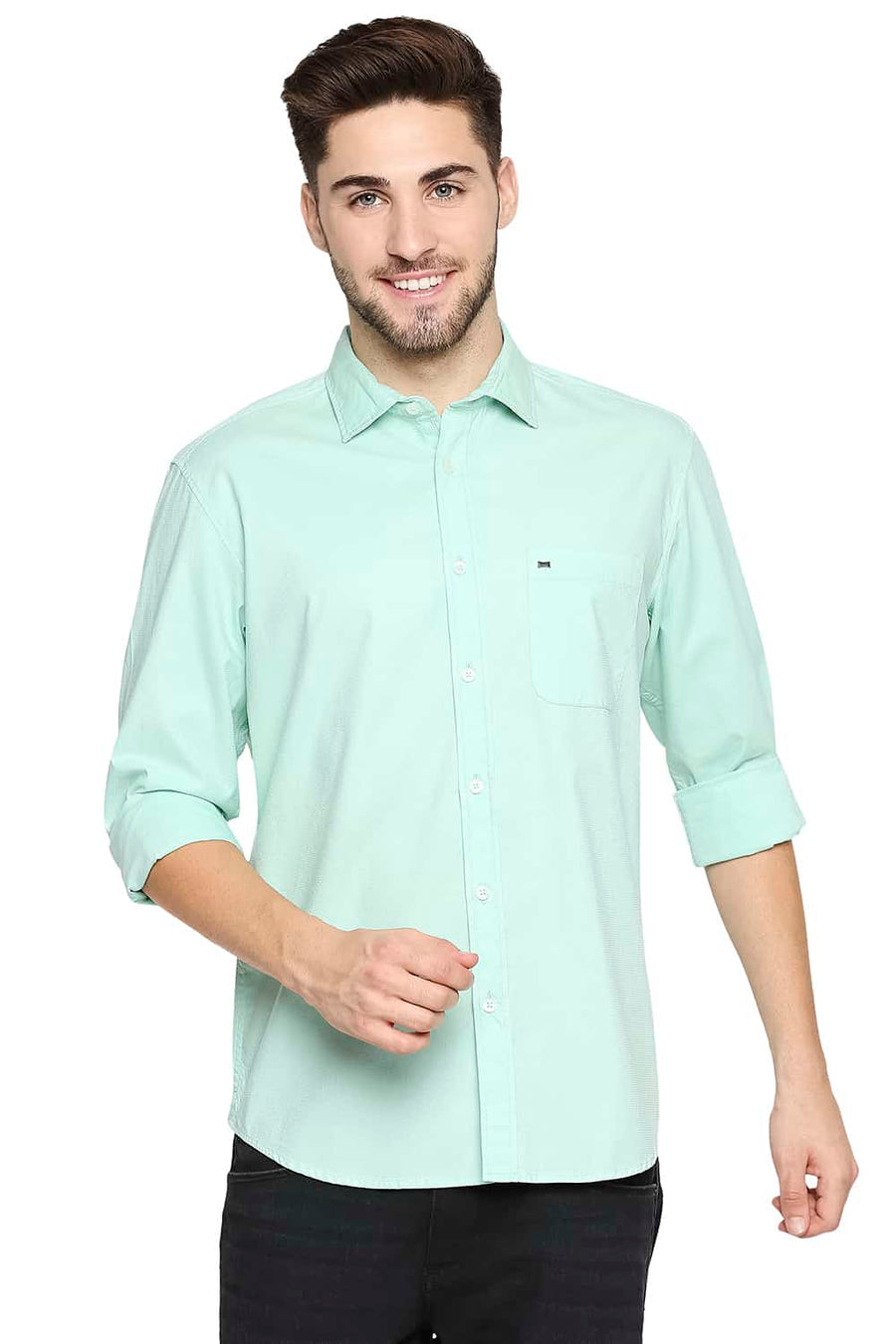 BASICS SLIM FIT MIST GREEN DOBBY SHIRT