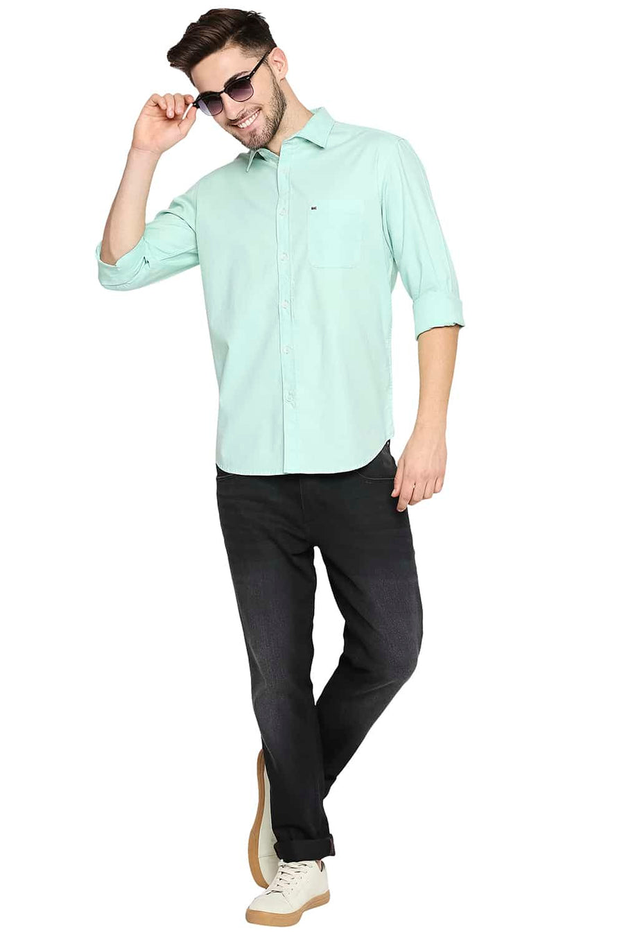 BASICS SLIM FIT MIST GREEN DOBBY SHIRT