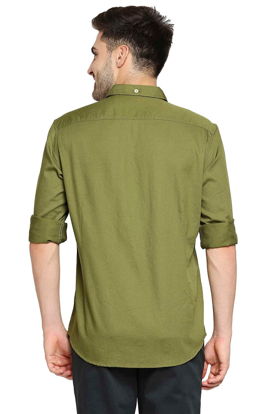 BASICS SLIM FIT MAYFLY GREEN HERRINGBONE SHIRT