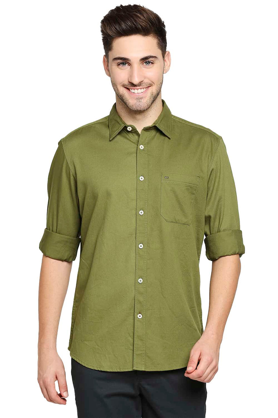 BASICS SLIM FIT MAYFLY GREEN HERRINGBONE SHIRT