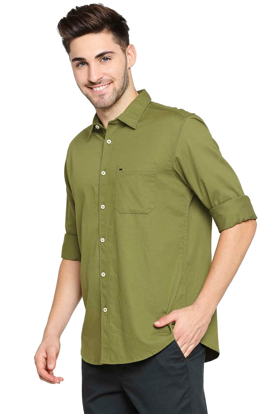 BASICS SLIM FIT MAYFLY GREEN HERRINGBONE SHIRT