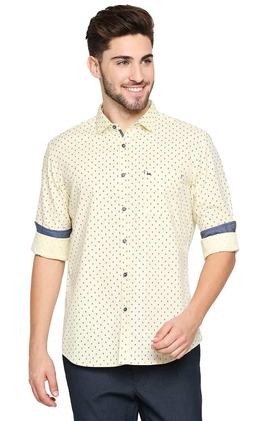 BASICS SLIM FIT ANISE YELLOW PRINTED SHIRT