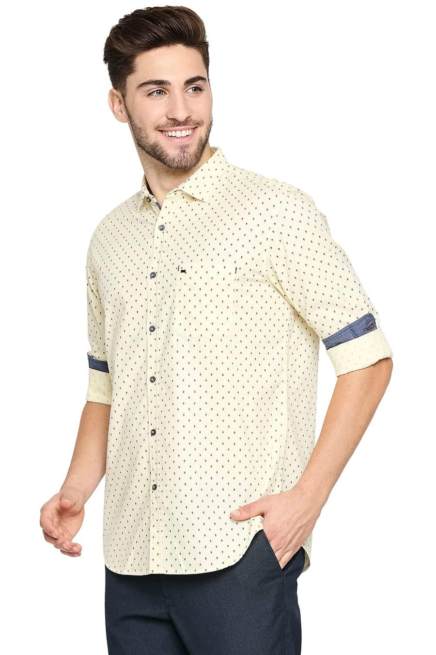 BASICS SLIM FIT ANISE YELLOW PRINTED SHIRT