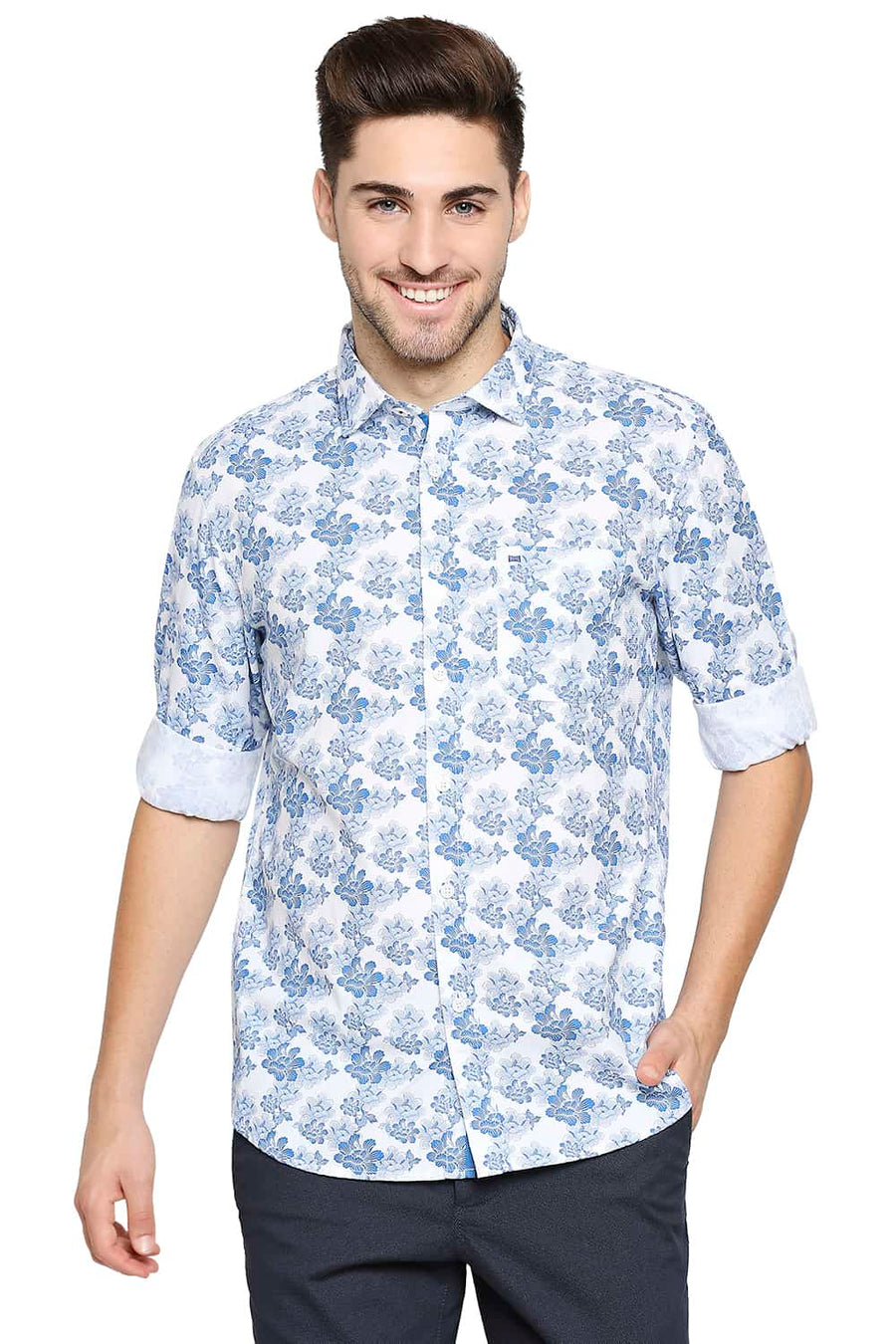BASICS SLIM FIT BALEINE BLUE PRINTED SHIRT