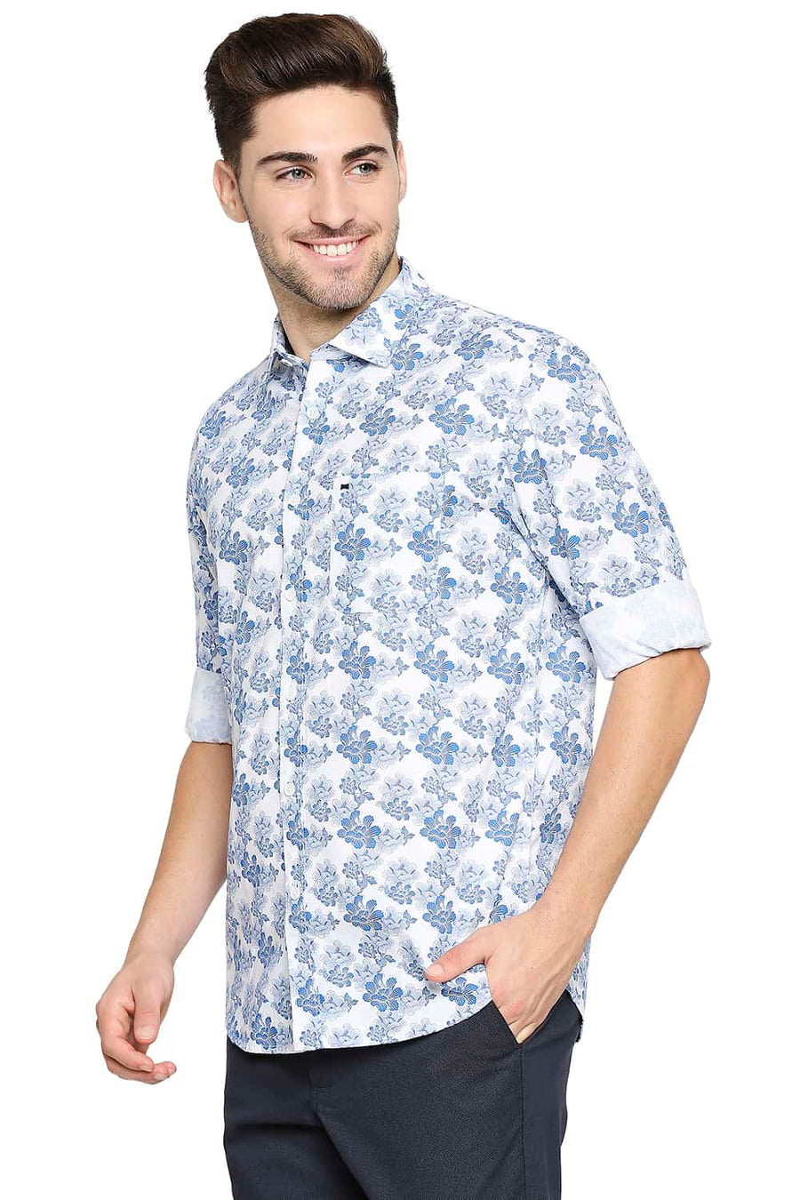 BASICS SLIM FIT BALEINE BLUE PRINTED SHIRT