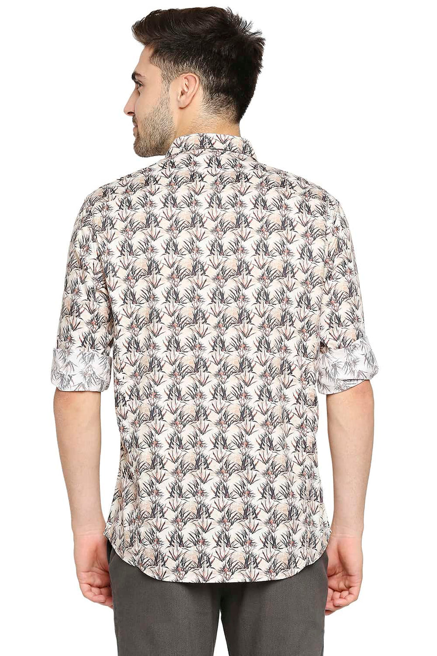 BASICS SLIM FIT FROZEN BEIGE SATIN PRINTED SHIRT
