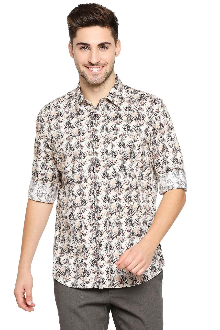 BASICS SLIM FIT FROZEN BEIGE SATIN PRINTED SHIRT