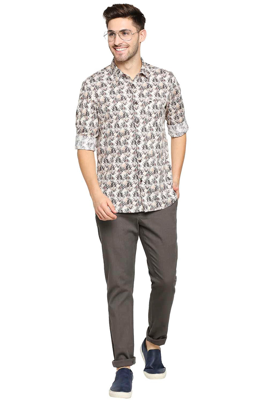 BASICS SLIM FIT FROZEN BEIGE SATIN PRINTED SHIRT