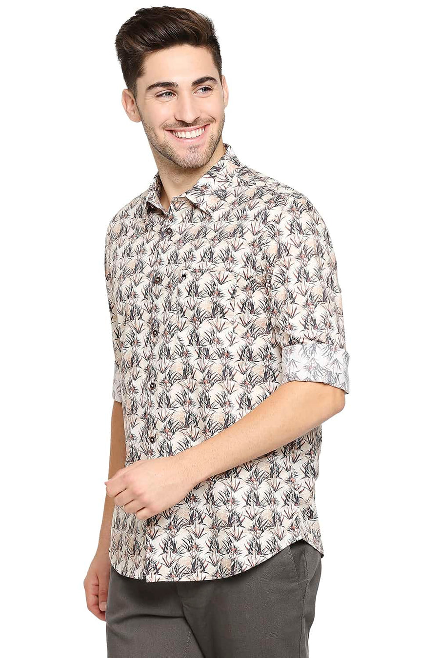 BASICS SLIM FIT FROZEN BEIGE SATIN PRINTED SHIRT