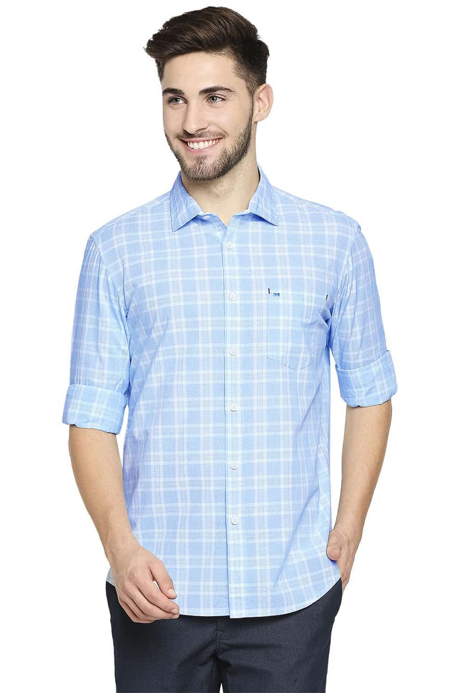 BASICS SLIM FIT DREAM BLUE CHECKS SHIRT
