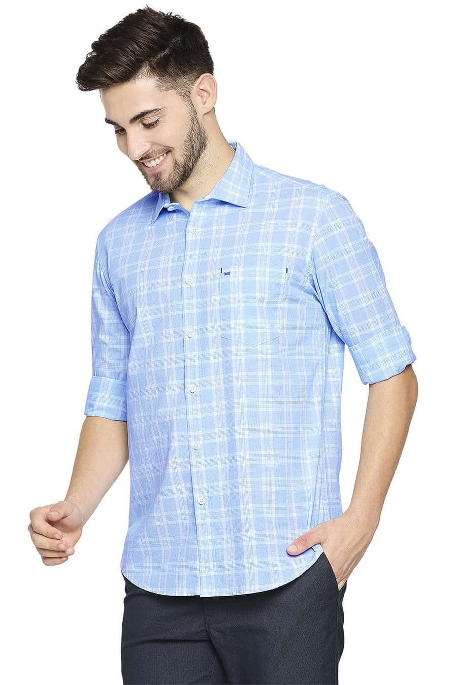 BASICS SLIM FIT DREAM BLUE CHECKS SHIRT