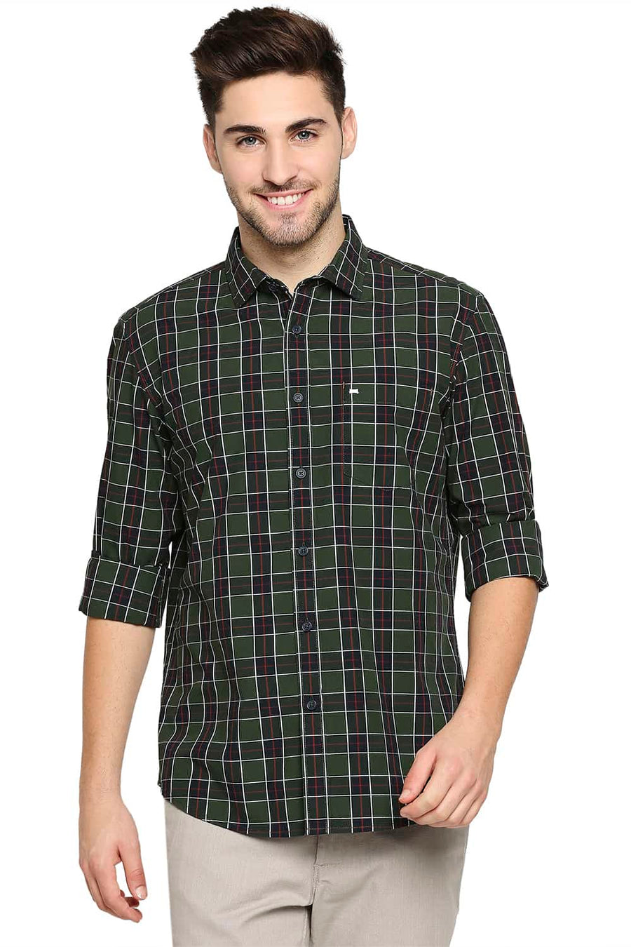 BASICS SLIM FIT FOREST GREEN CHECKS SHIRT