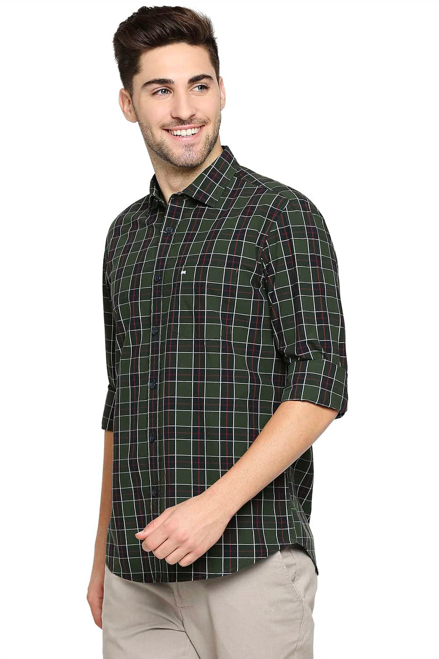 BASICS SLIM FIT FOREST GREEN CHECKS SHIRT