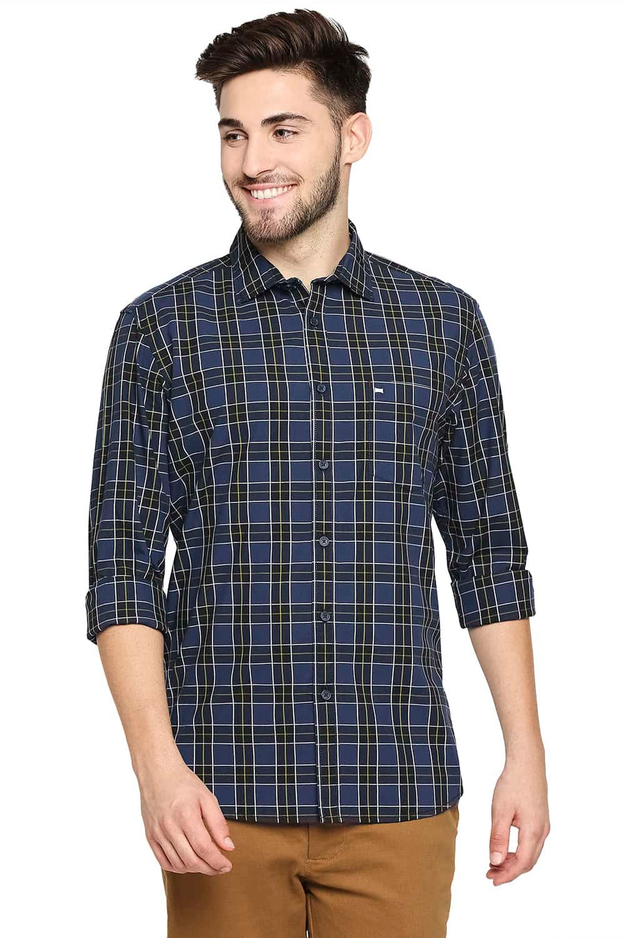 BASICS SLIM FIT MAJOLICA BLUE CHECKS SHIRT