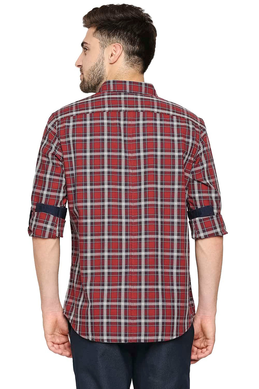 BASICS SLIM FIT BRICK RED TWILL CHECKS SHIRT