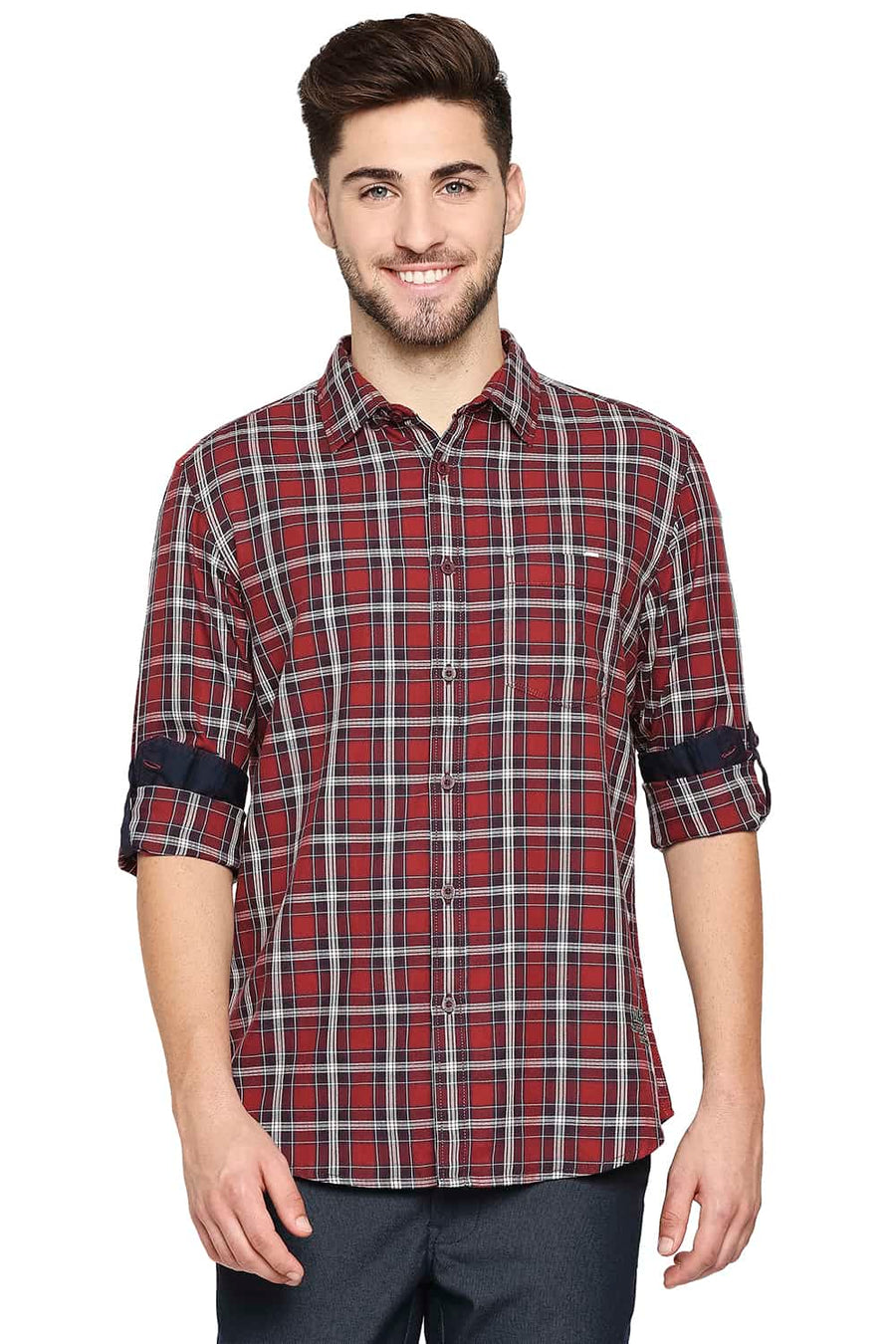 BASICS SLIM FIT BRICK RED TWILL CHECKS SHIRT