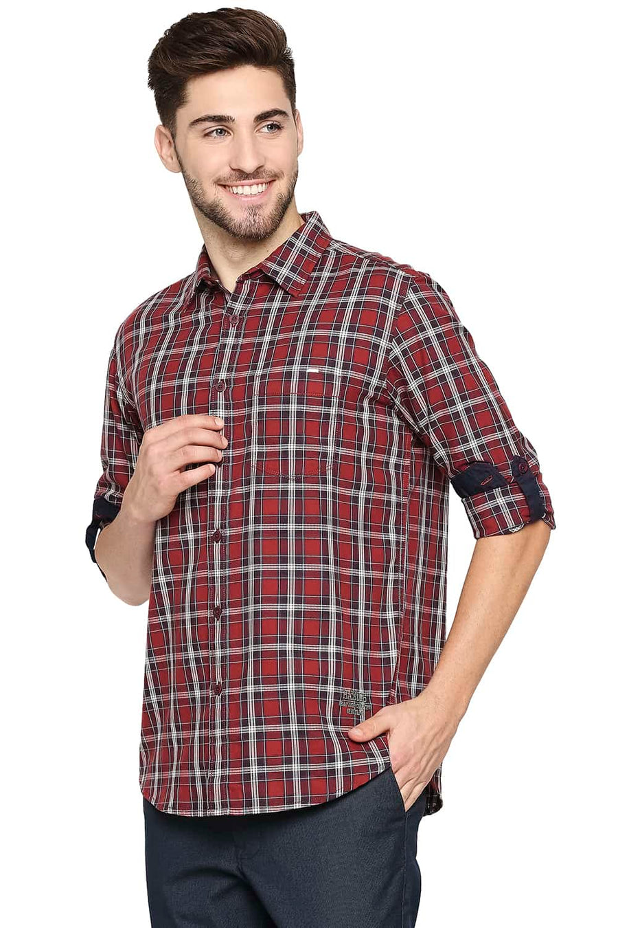 BASICS SLIM FIT BRICK RED TWILL CHECKS SHIRT