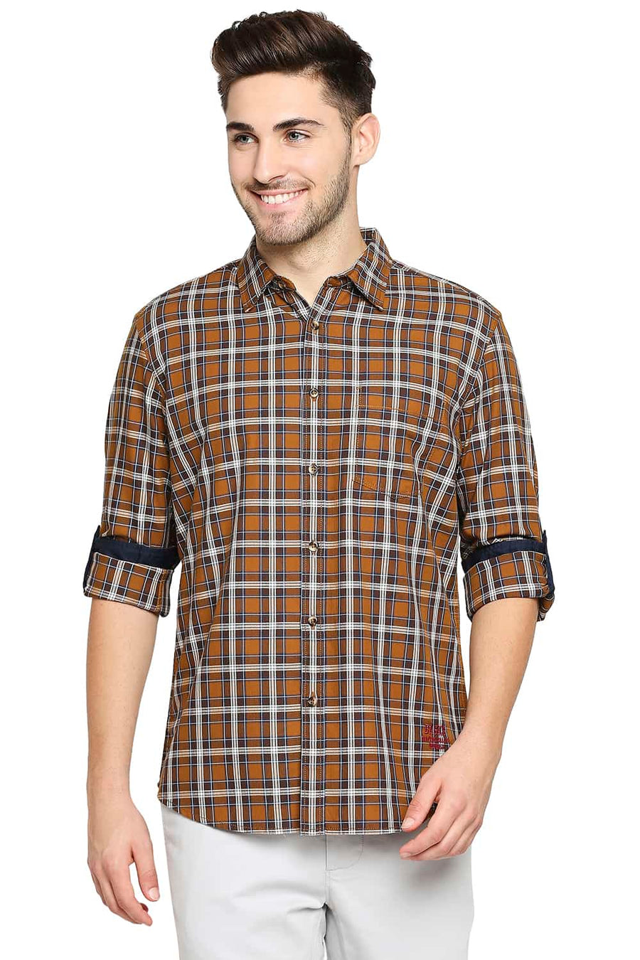 BASICS SLIM FIT CATHAY BROWN TWILL CHECKS SHIRT