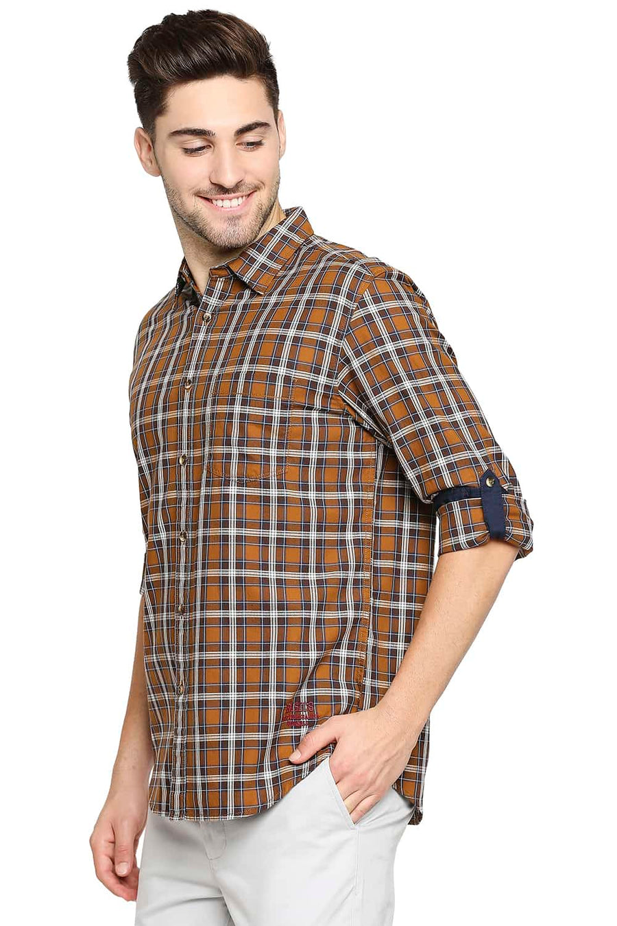 BASICS SLIM FIT CATHAY BROWN TWILL CHECKS SHIRT