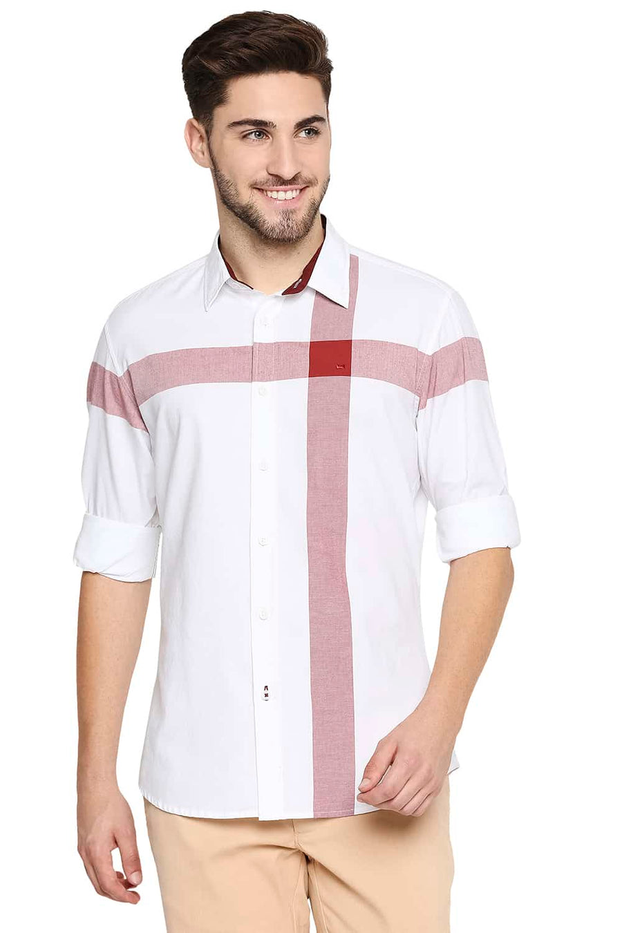 BASICS SLIM FIT OCHRE RED OXFORD CHECKS SHIRT