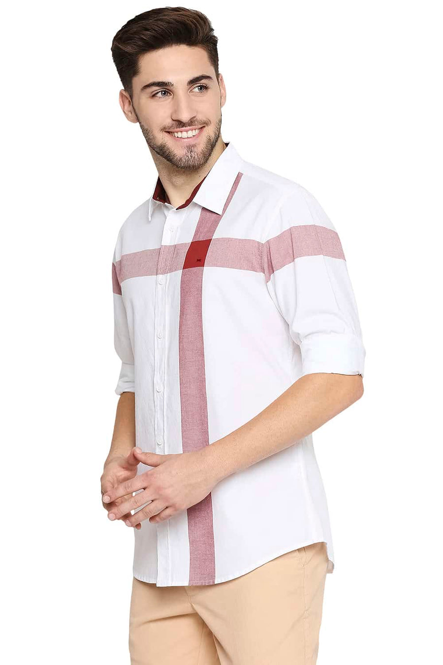 BASICS SLIM FIT OCHRE RED OXFORD CHECKS SHIRT