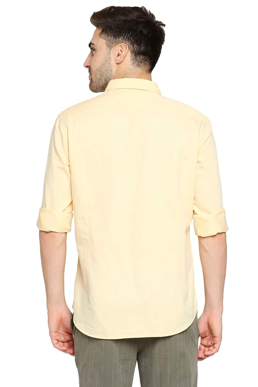 BASICS SLIM FIT IMPALA YELLOW ENGINEERED STRIPE SHIRT