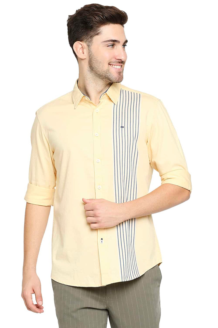 BASICS SLIM FIT IMPALA YELLOW ENGINEERED STRIPE SHIRT