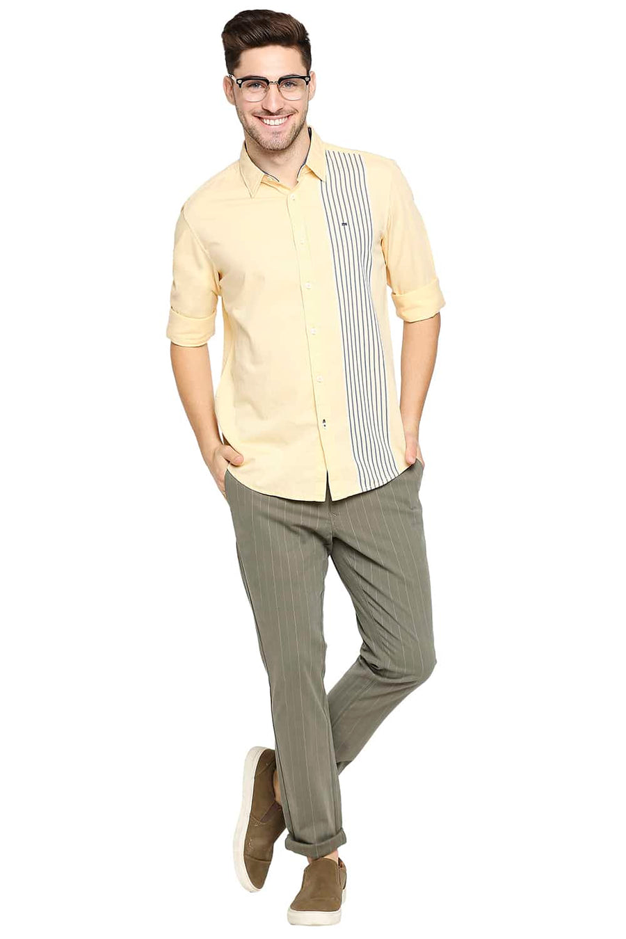 BASICS SLIM FIT IMPALA YELLOW ENGINEERED STRIPE SHIRT