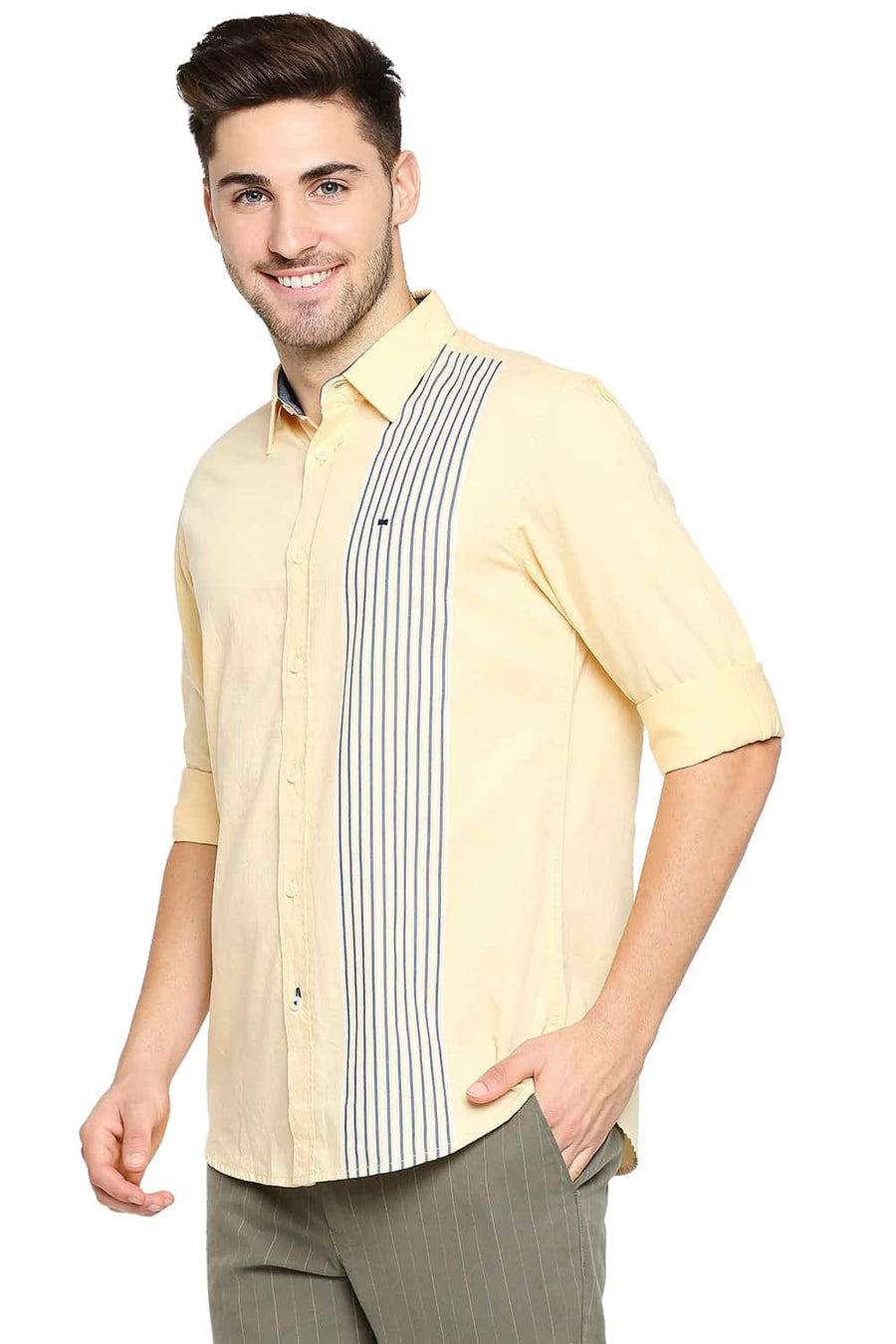 BASICS SLIM FIT IMPALA YELLOW ENGINEERED STRIPE SHIRT