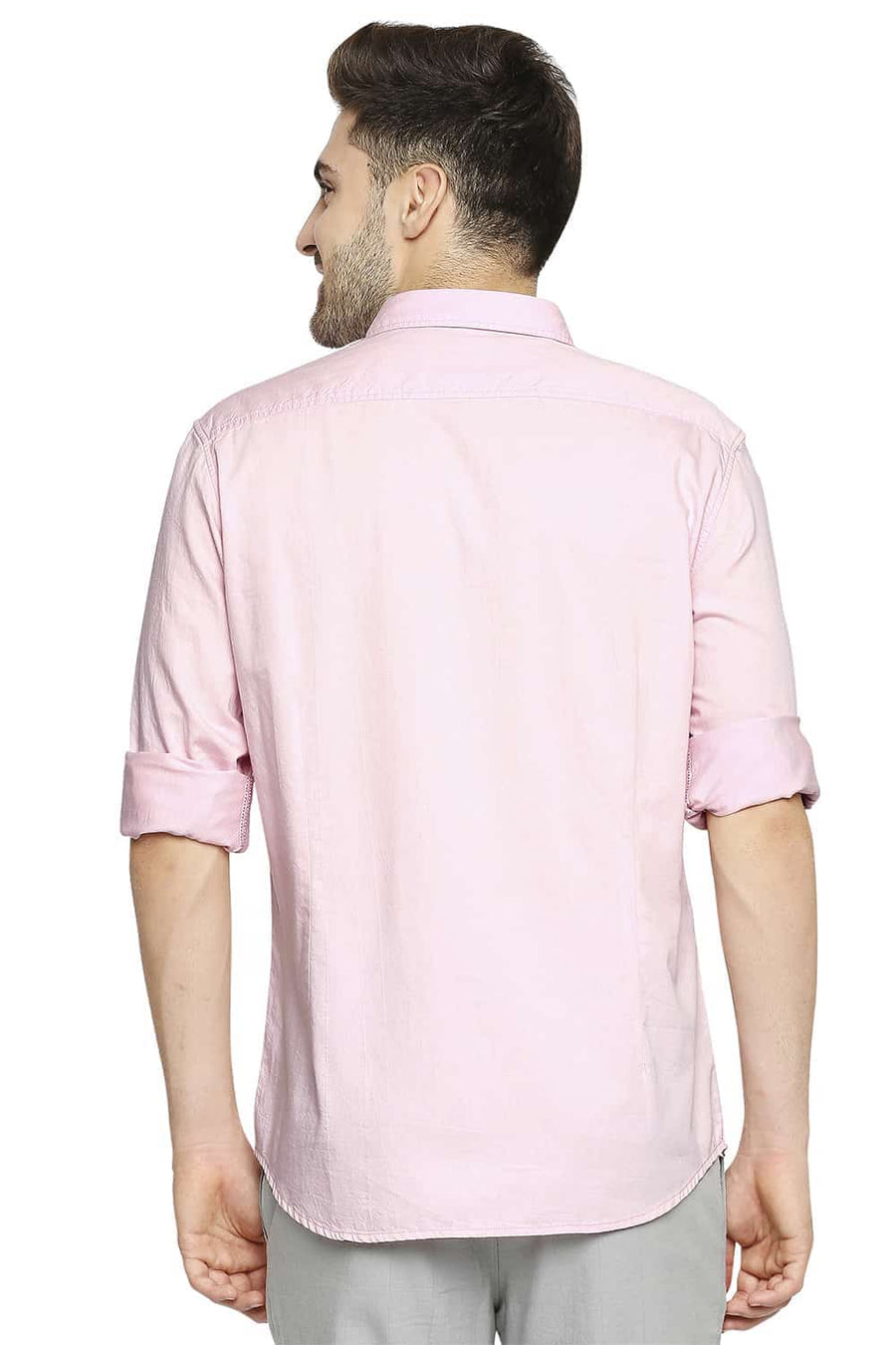 BASICS SLIM FIT ALMOND PINK ENGINEERED STRIPE SHIRT