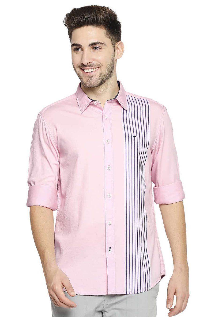BASICS SLIM FIT ALMOND PINK ENGINEERED STRIPE SHIRT