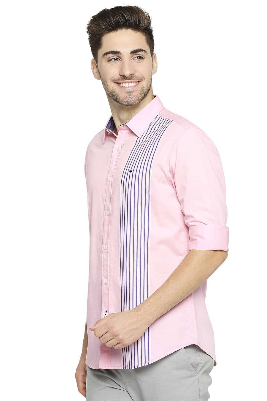 BASICS SLIM FIT ALMOND PINK ENGINEERED STRIPE SHIRT