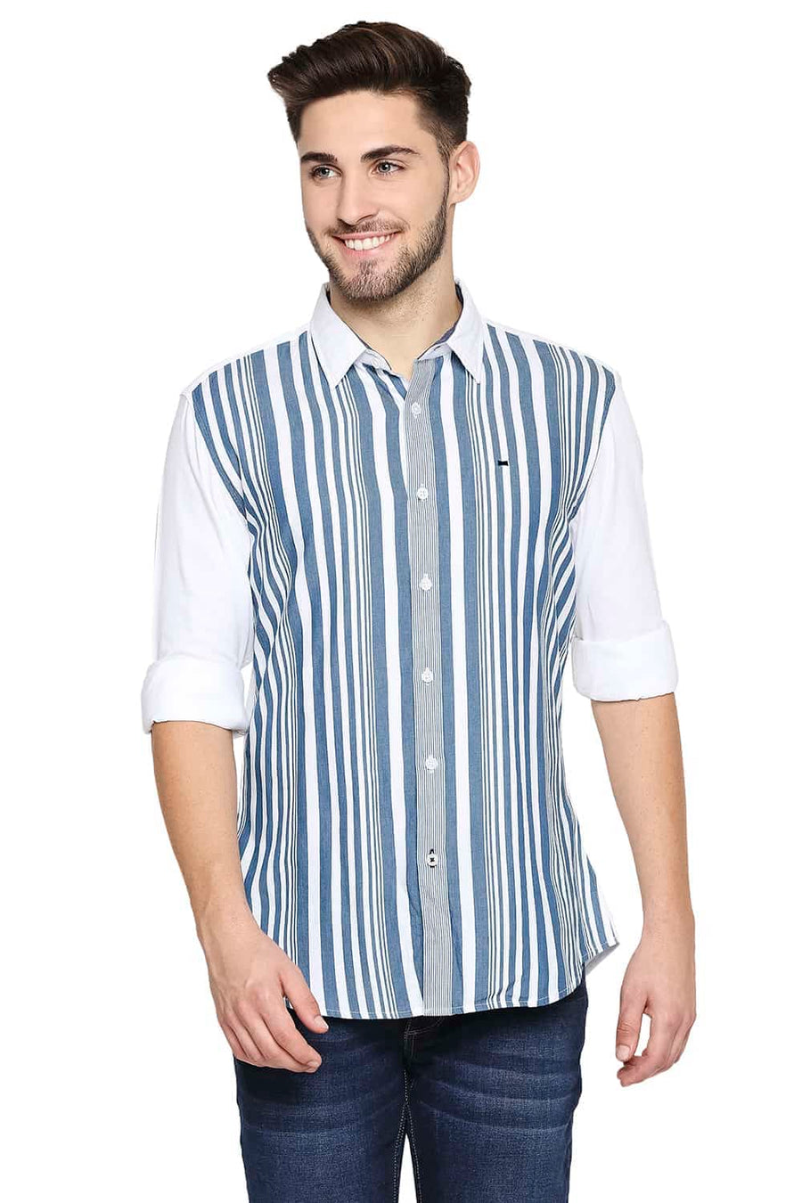 BASICS SLIM FIT SAILOR BLUE ENGINEERED STRIPE SHIRT