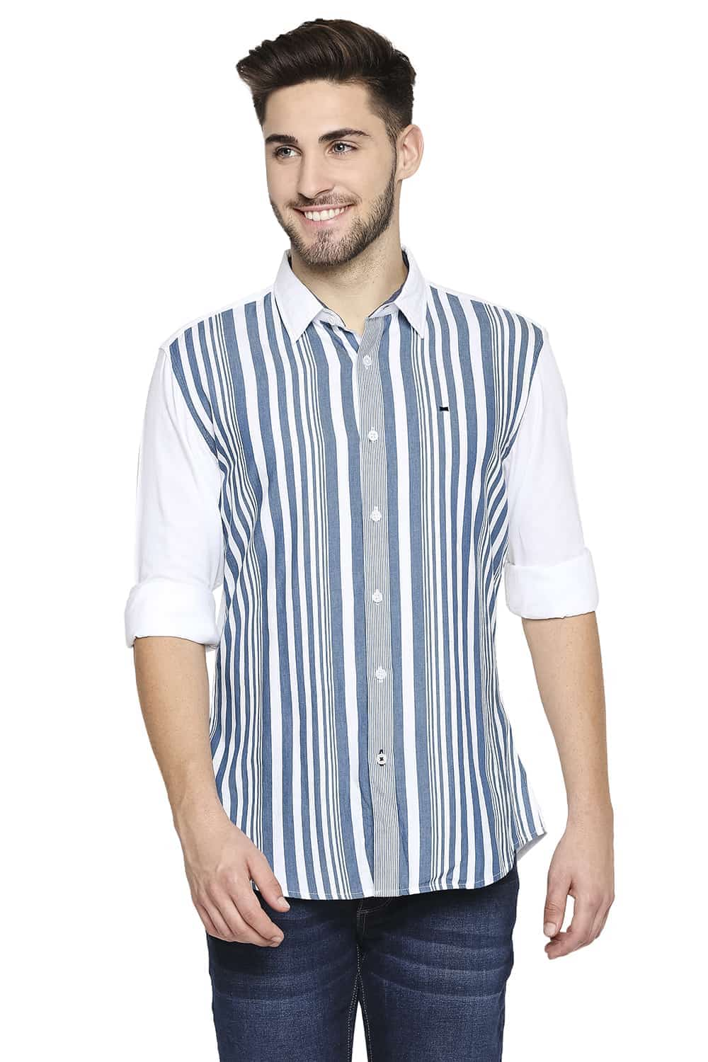 BASICS SLIM FIT ENGINEERED STRIPE SHIRT