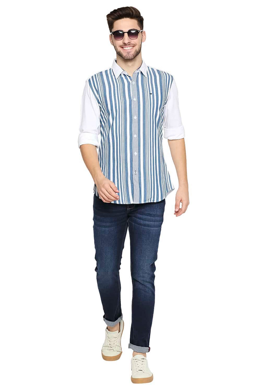 BASICS SLIM FIT SAILOR BLUE ENGINEERED STRIPE SHIRT