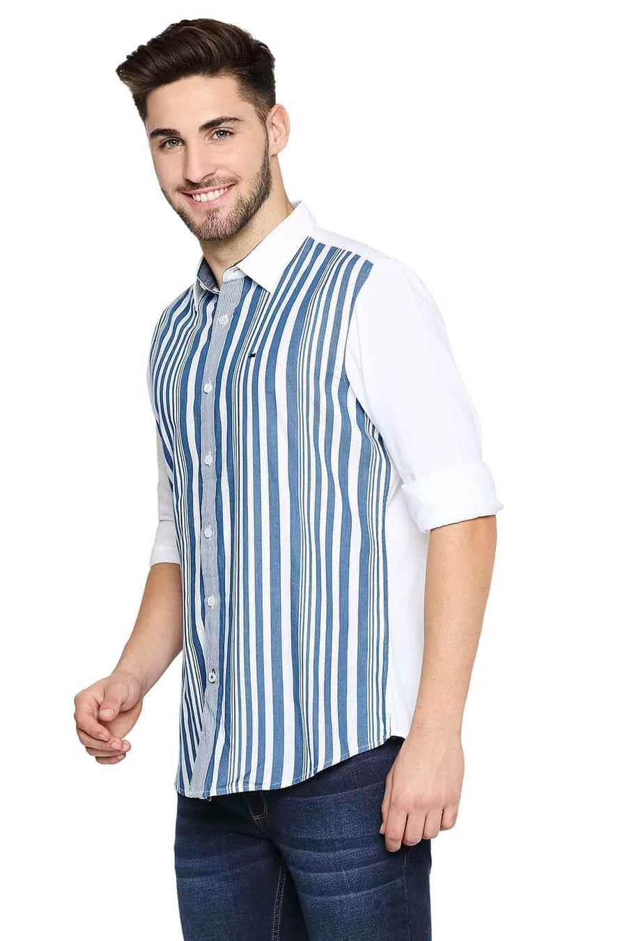 BASICS SLIM FIT SAILOR BLUE ENGINEERED STRIPE SHIRT