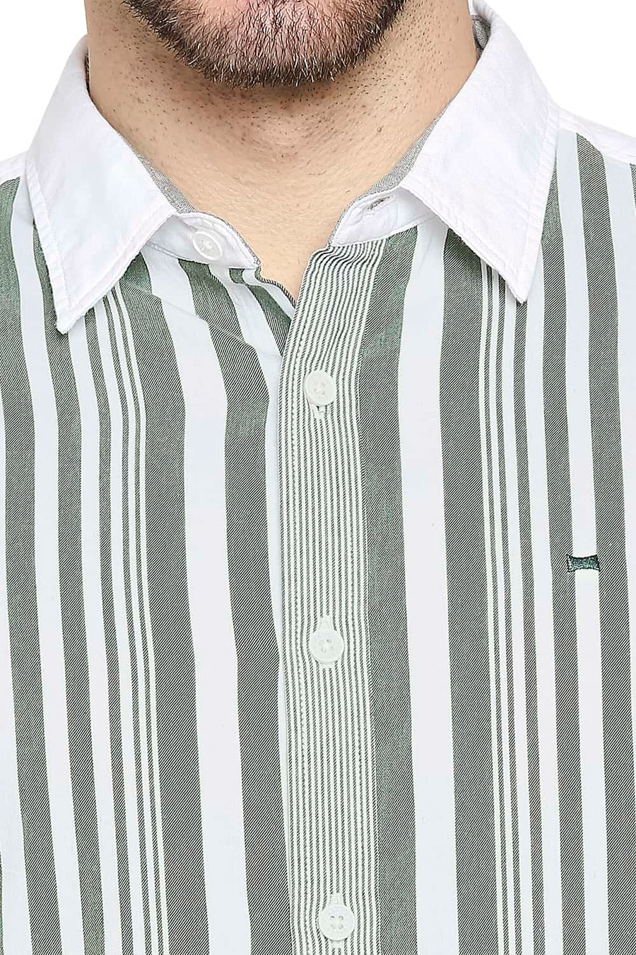 BASICS SLIM FIT LAUREL GREEN ENGINEERED STRIPE SHIRT