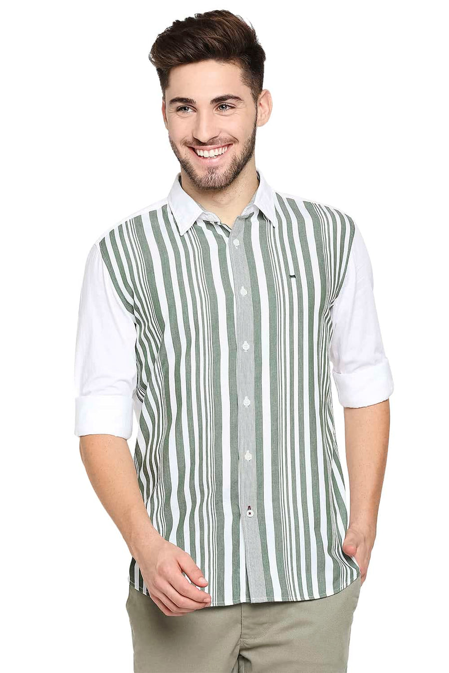 BASICS SLIM FIT LAUREL GREEN ENGINEERED STRIPE SHIRT