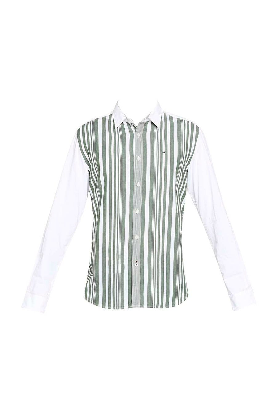 BASICS SLIM FIT LAUREL GREEN ENGINEERED STRIPE SHIRT