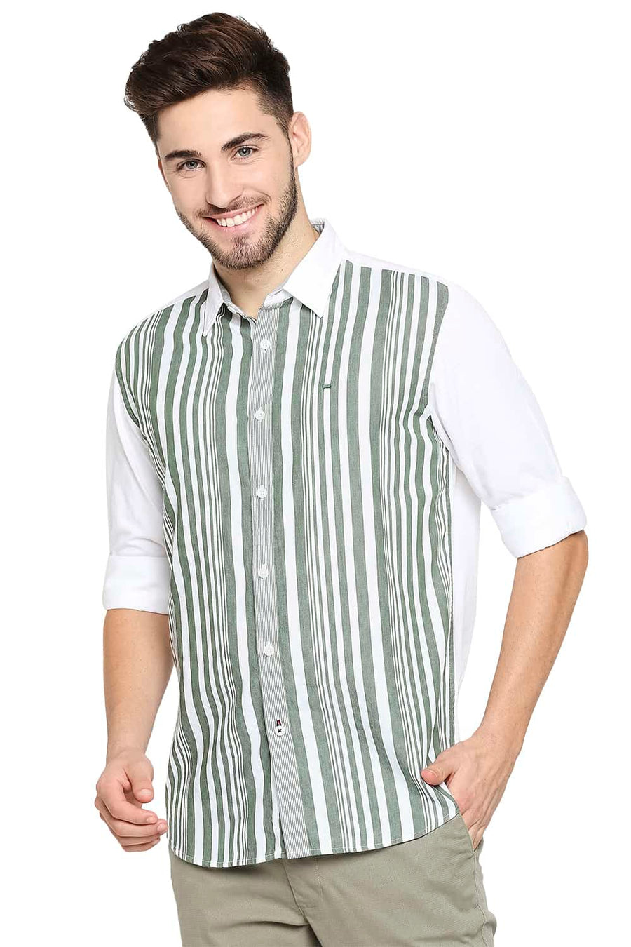 BASICS SLIM FIT LAUREL GREEN ENGINEERED STRIPE SHIRT