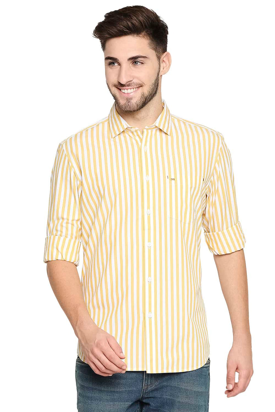 BASICS SLIM FIT GOLDEN YELLOW STRIPE SHIRT