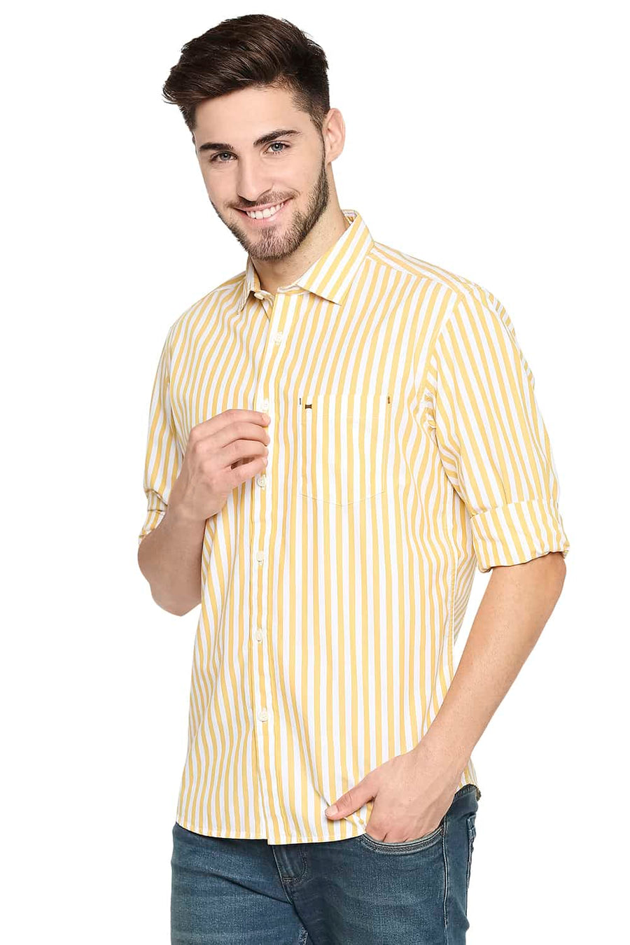 BASICS SLIM FIT GOLDEN YELLOW STRIPE SHIRT