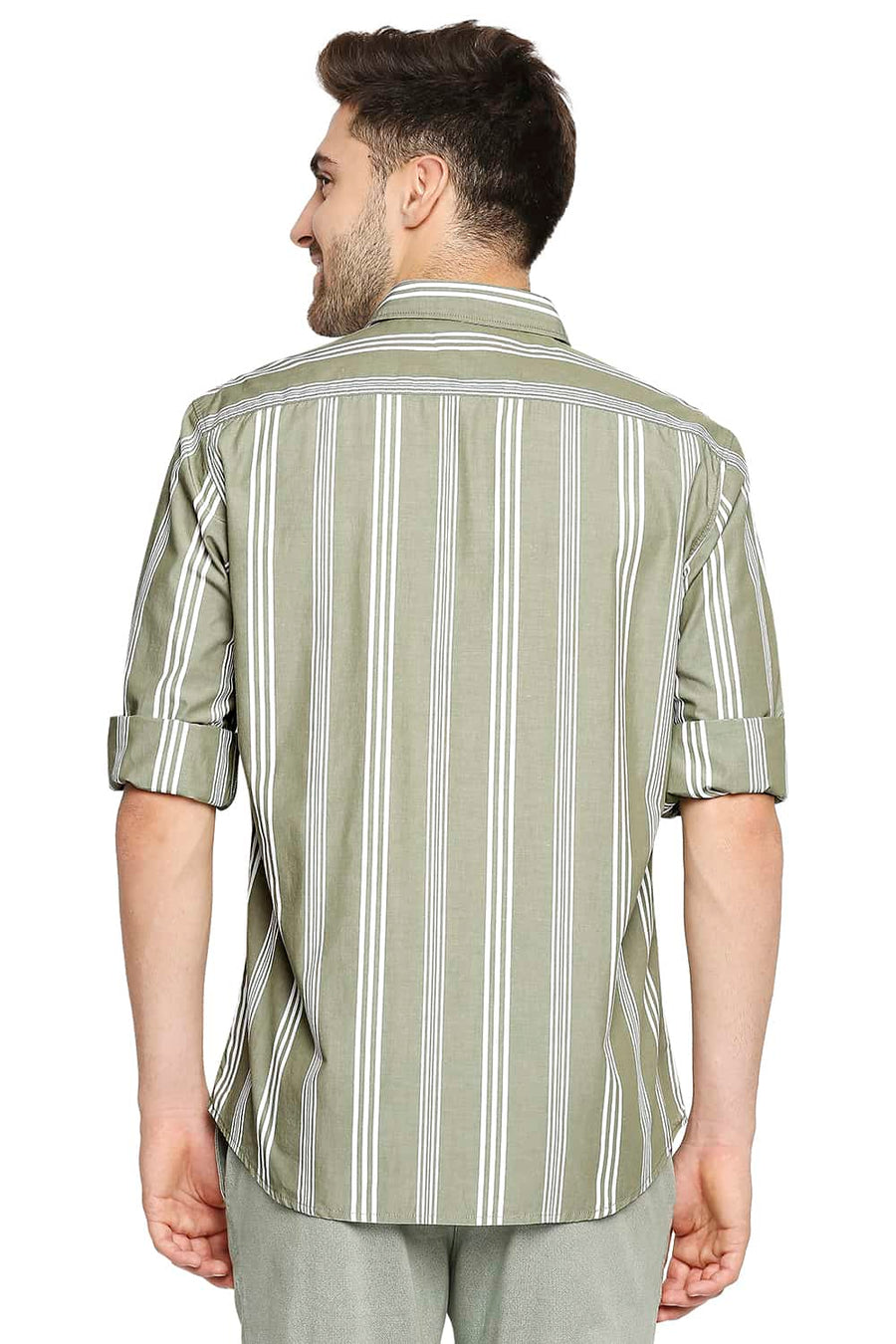 BASICS SLIM FIT ELM GREEN STRIPE SHIRT